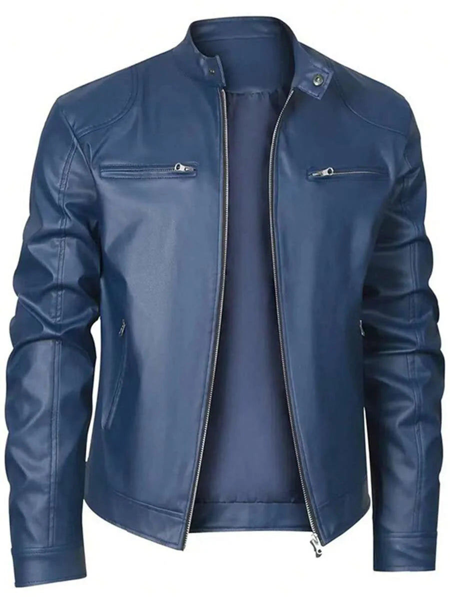Men's Stand Collar Fitted Faux Leather Rave Jacket With Zipper Pockets, Motorcycle Style, For Fall Winter