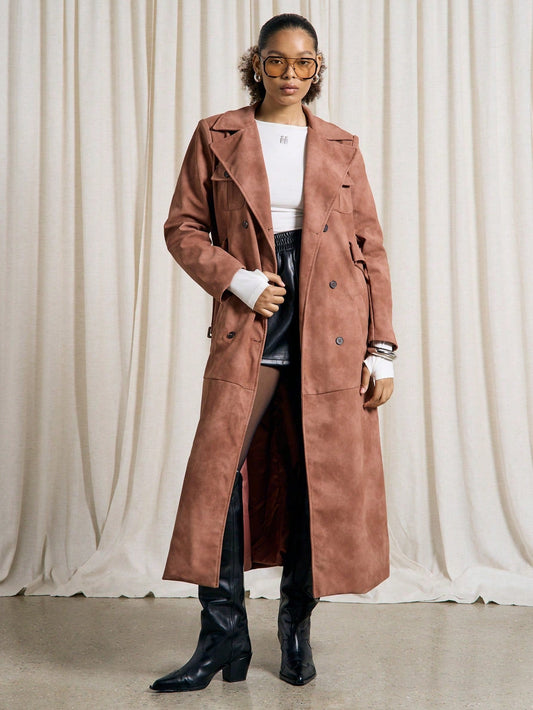 AiiRZ Luxury Suede Trench Coat Double Breasted Long Classic Winter Fall Outerwear Designer Belted Fashion Tailored Workwear Professional Statement Piece