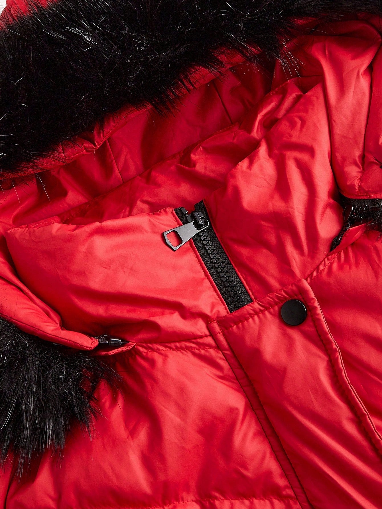 SHEIN LUNE Autumn/Winter Red  Coat ,Contrast Blak Furry Trim Long Down& Feathers, Warm Clothes