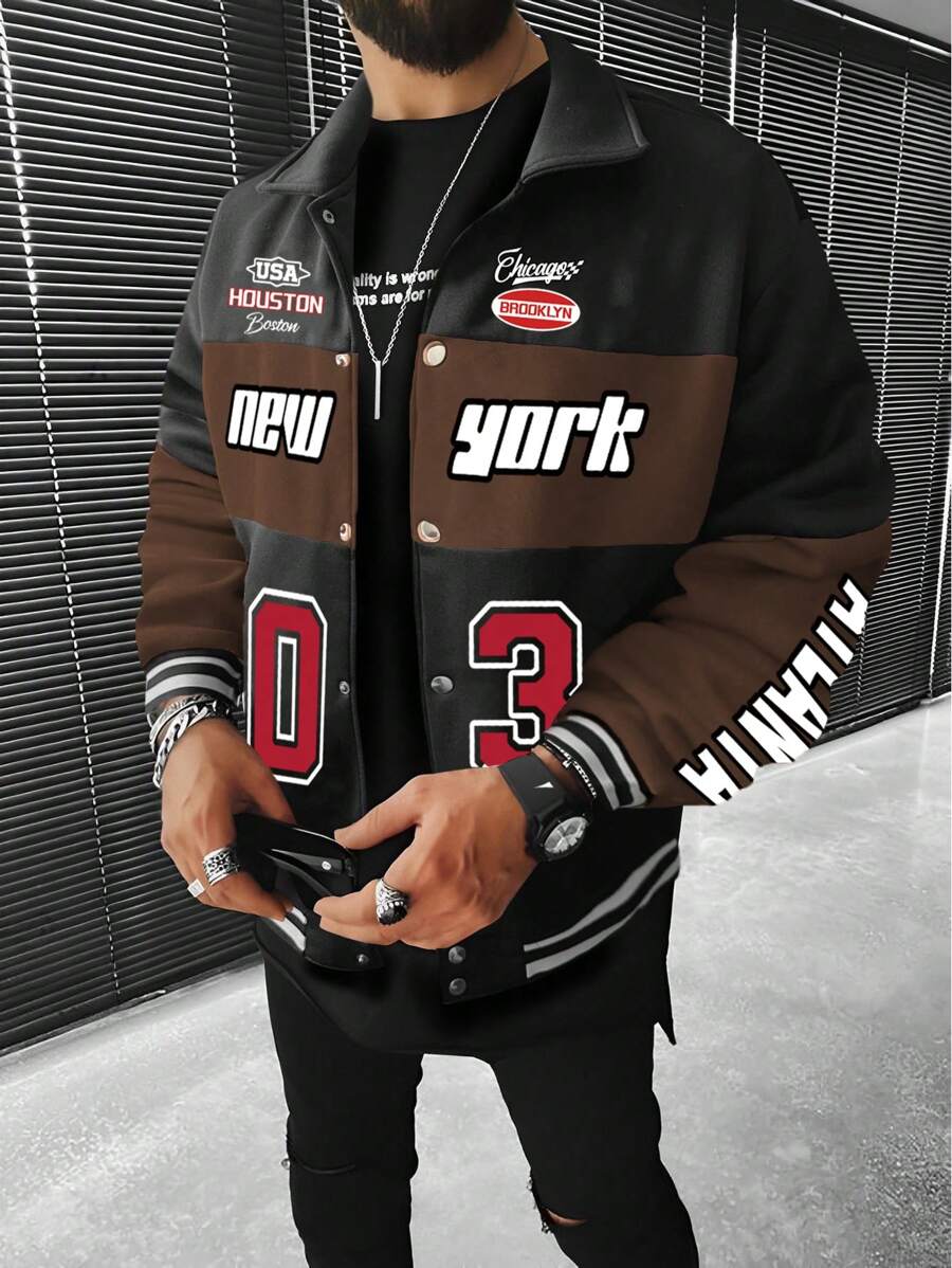 Manfinity LEGND Men Letter Graphic Colorblock Drop Shoulder Oversize Jacket, Colorful, Race Car, Long Sleeve, Going Out, Techwear, Boyfriend Gift, Men Red And Black Jacket, Men Varsity Jacket, Men Streetwear Jacket, Grunge, Fall