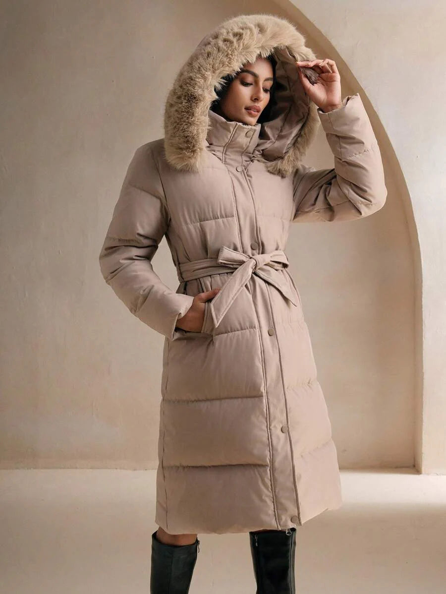Anewsta Women's Fashionable Casual Coffee Color Long Cinched Waist Waist Hooded Detachable Faux Fur Collar Zip-Up Padded Coat