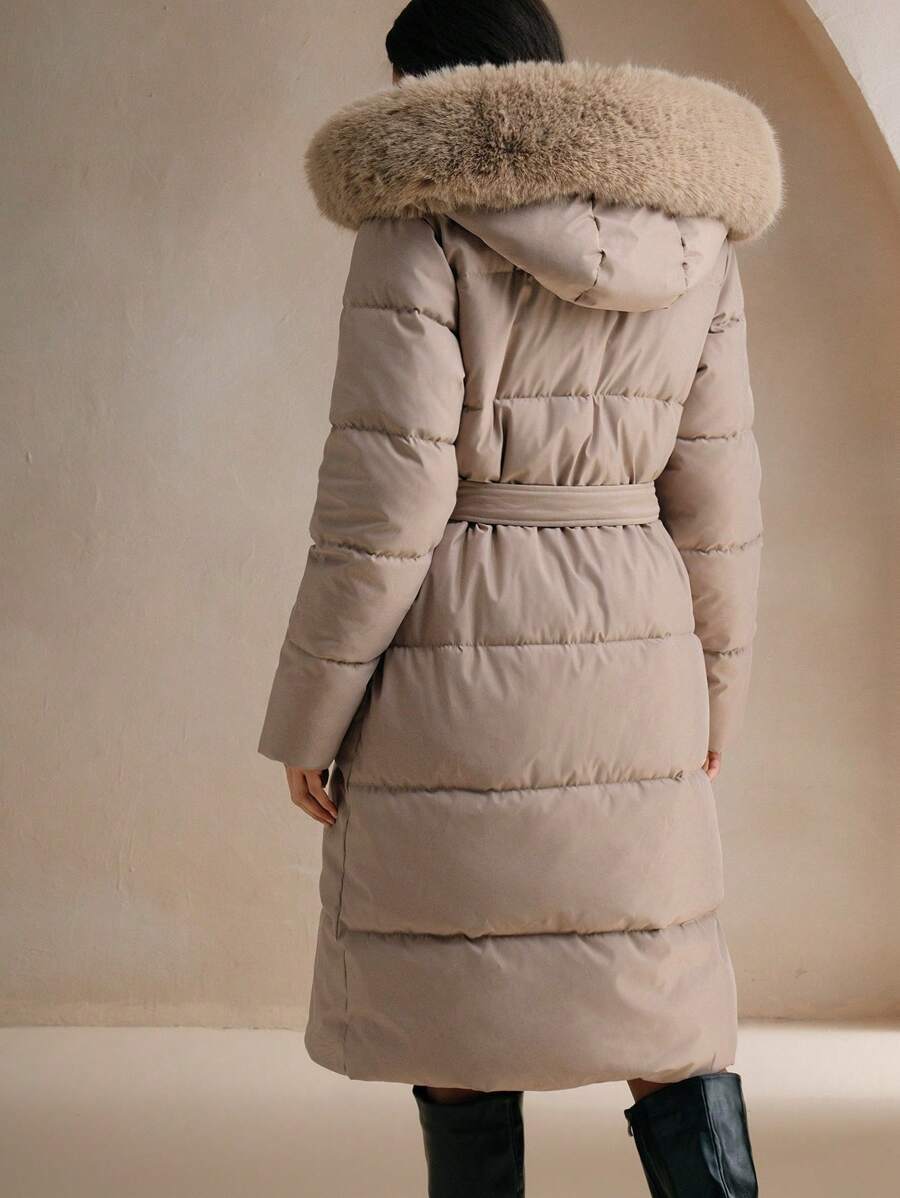Anewsta Women's Fashionable Casual Coffee Color Long Cinched Waist Waist Hooded Detachable Faux Fur Collar Zip-Up Padded Coat