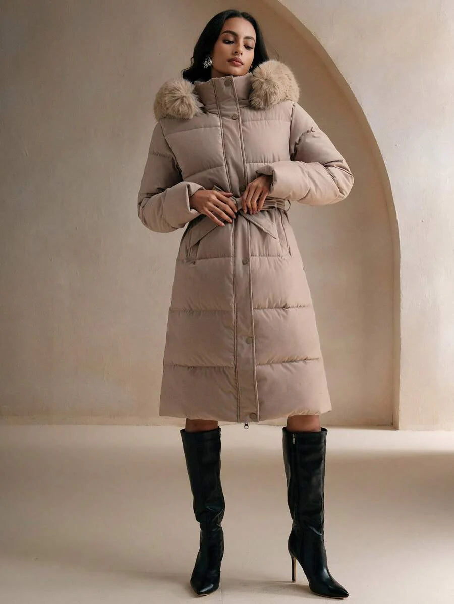 Anewsta Women's Fashionable Casual Coffee Color Long Cinched Waist Waist Hooded Detachable Faux Fur Collar Zip-Up Padded Coat