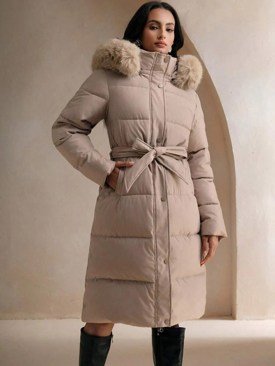 Anewsta Women's Fashionable Casual Coffee Color Long Cinched Waist Waist Hooded Detachable Faux Fur Collar Zip-Up Padded Coat
