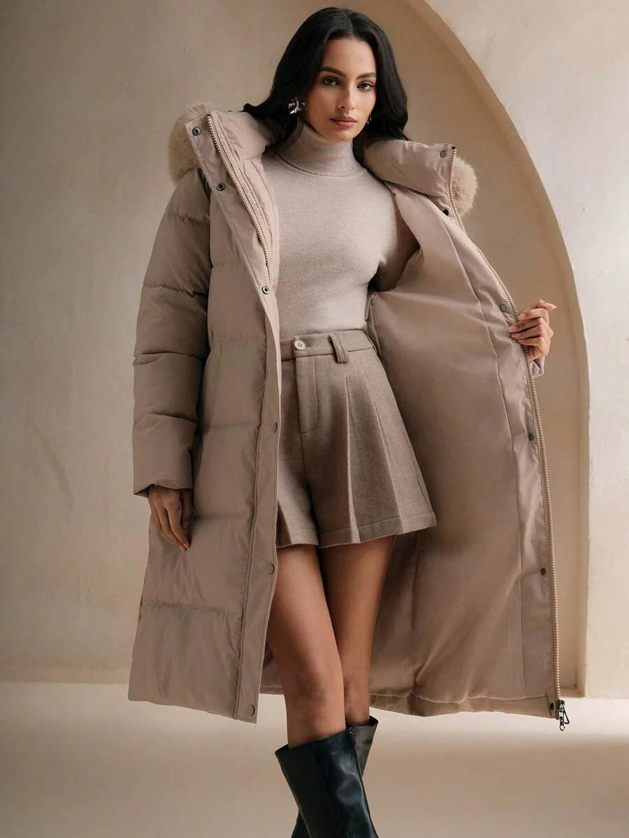 Anewsta Women's Fashionable Casual Coffee Color Long Cinched Waist Waist Hooded Detachable Faux Fur Collar Zip-Up Padded Coat