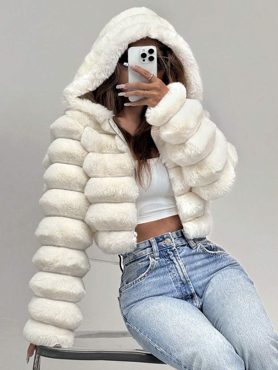 Comfortcana Women's Fashion Street Zip-Up Hooded Faux Fur Jacket, Winter Brown Zip Up Winter Winter Clothes Jacket Halloween Christmas,Winter Clothes For Women