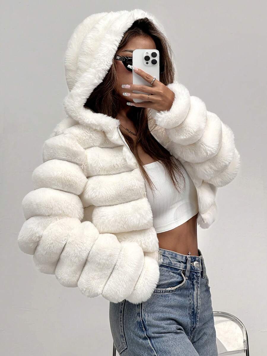 Comfortcana Women's Fashion Street Zip-Up Hooded Faux Fur Jacket, Winter Brown Zip Up Winter Winter Clothes Jacket Halloween Christmas,Winter Clothes For Women