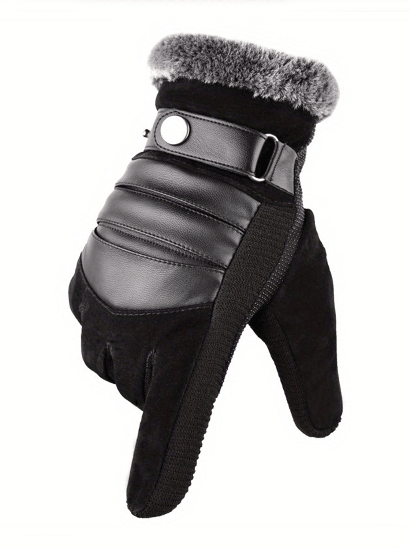 Men's Warm Thermal Lined Cycling Gloves, Winter Warmth, Thick PU Leather And Fur, Suitable For Motorcycle And Mountain Sports, Winter Hand Warmers