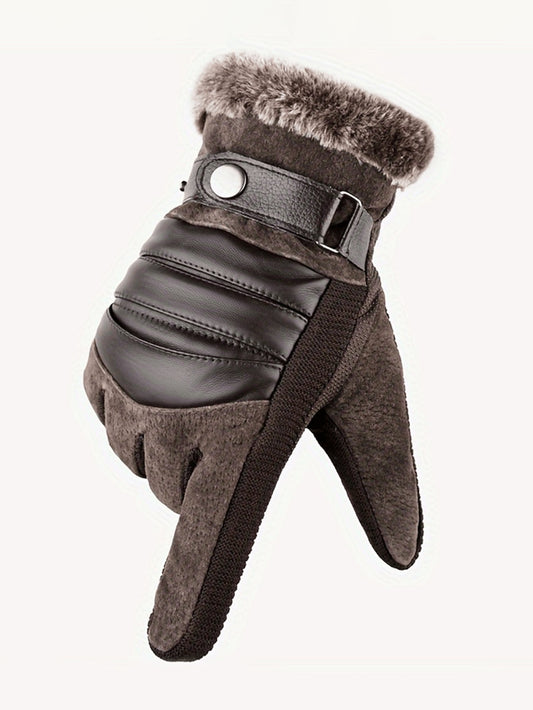 Men's Warm Thermal Lined Cycling Gloves, Winter Warmth, Thick PU Leather And Fur, Suitable For Motorcycle And Mountain Sports, Winter Hand Warmers