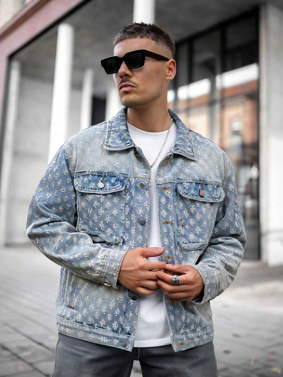 Retro Street Fashion American Style Men's Denim Floral Print Jacket, Niche, Fall