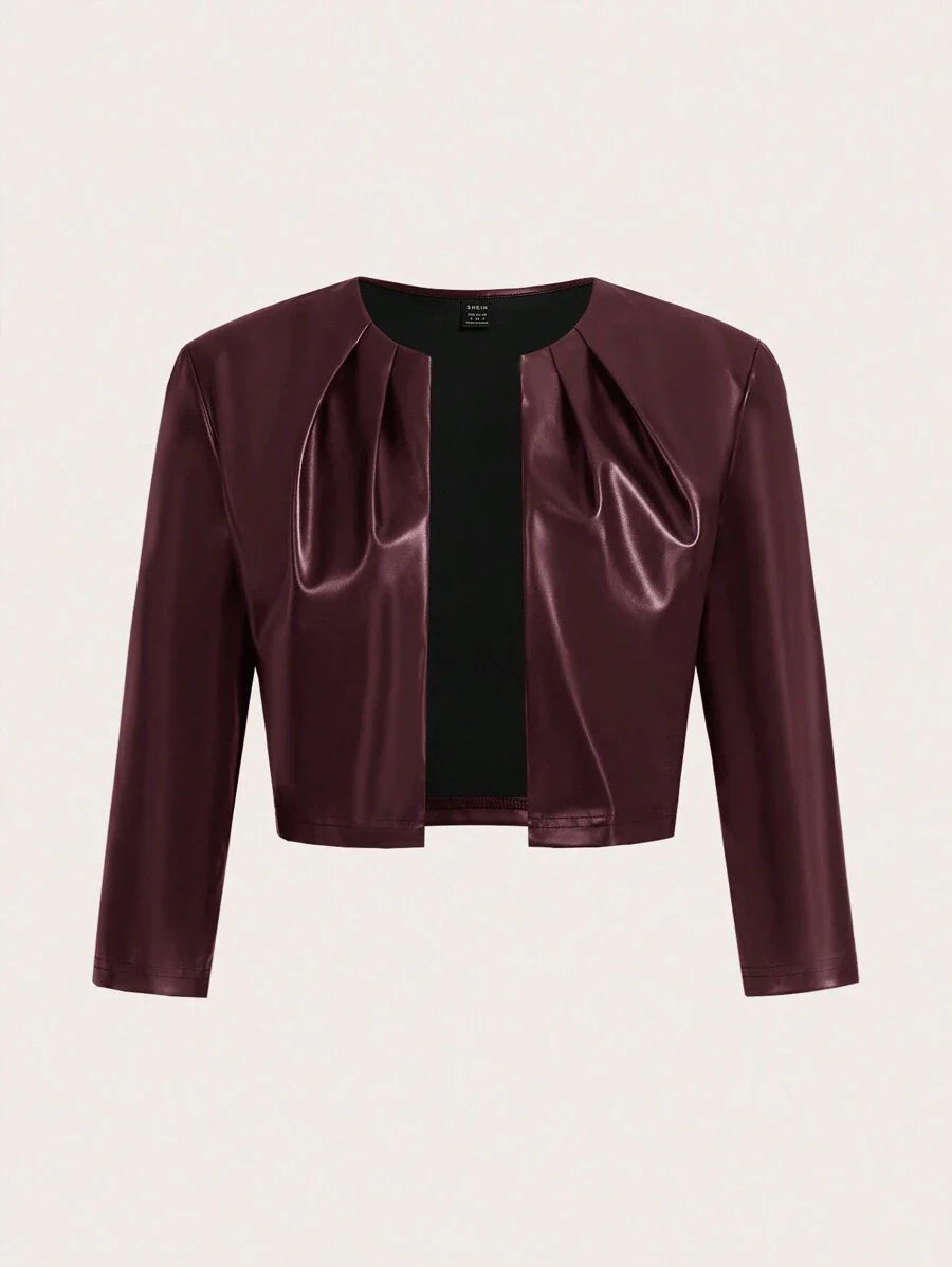 SHEIN Essence Women's Fashionable Commuter Solid Color Cropped Leather Jacket