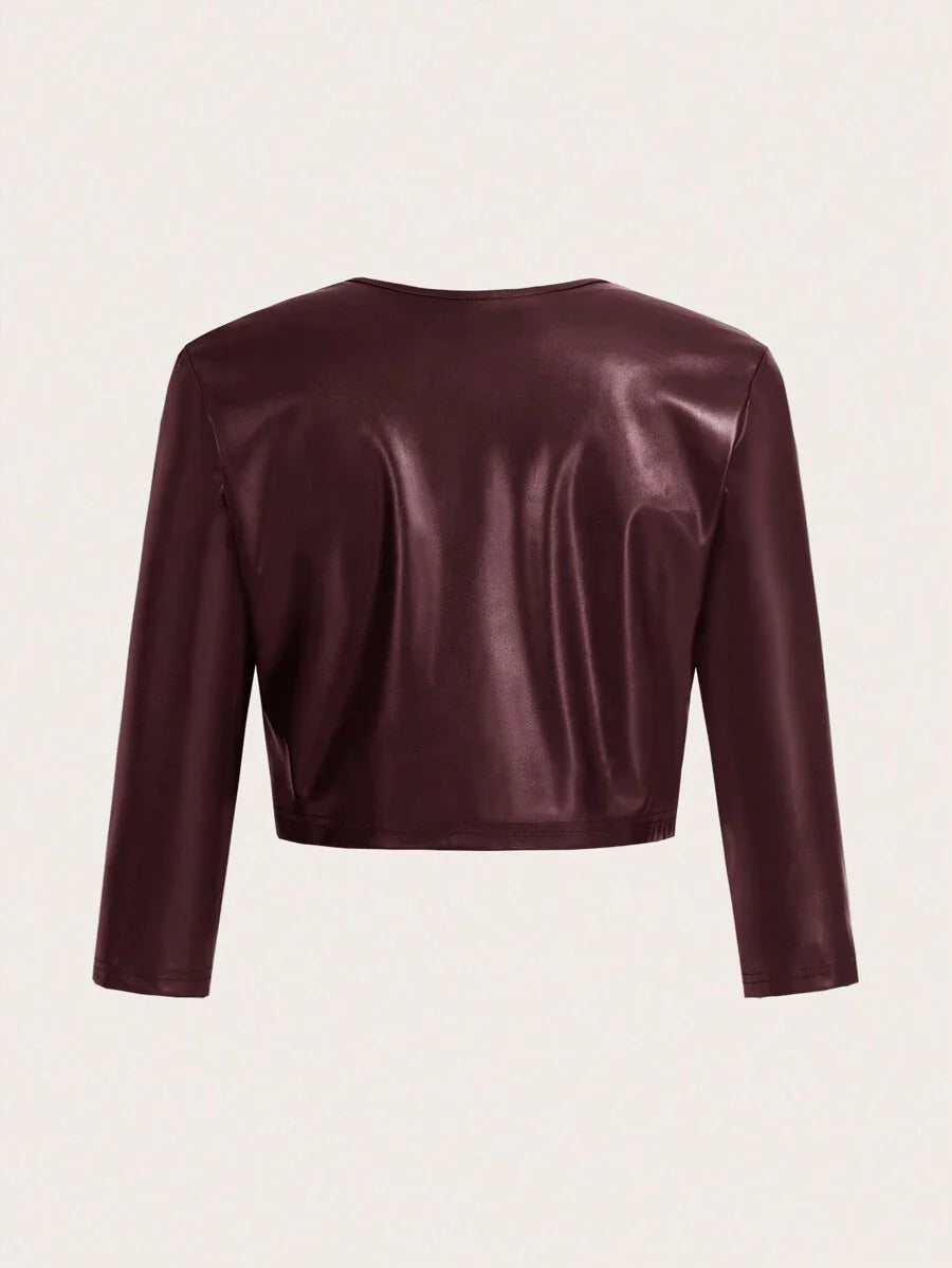SHEIN Essence Women's Fashionable Commuter Solid Color Cropped Leather Jacket