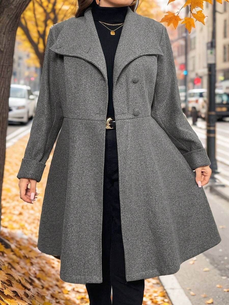SHEIN Privé Plus Size Women's Fashion Runway Asymmetric A-Line Gray Overcoat, Suitable For Minimalist Outings And Elegant Dates In Winter