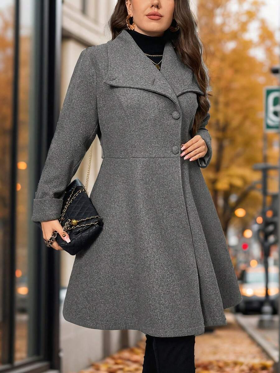 SHEIN Privé Plus Size Women's Fashion Runway Asymmetric A-Line Gray Overcoat, Suitable For Minimalist Outings And Elegant Dates In Winter