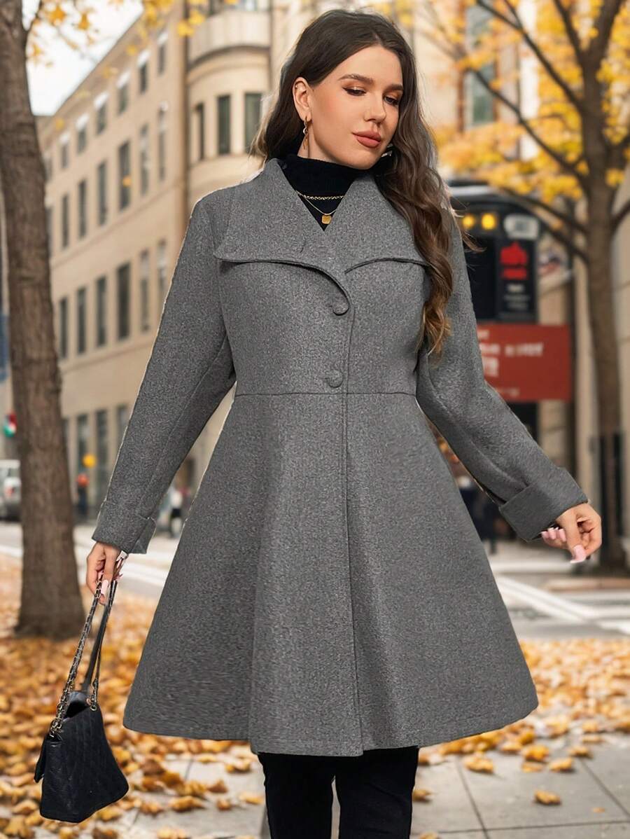 SHEIN Privé Plus Size Women's Fashion Runway Asymmetric A-Line Gray Overcoat, Suitable For Minimalist Outings And Elegant Dates In Winter
