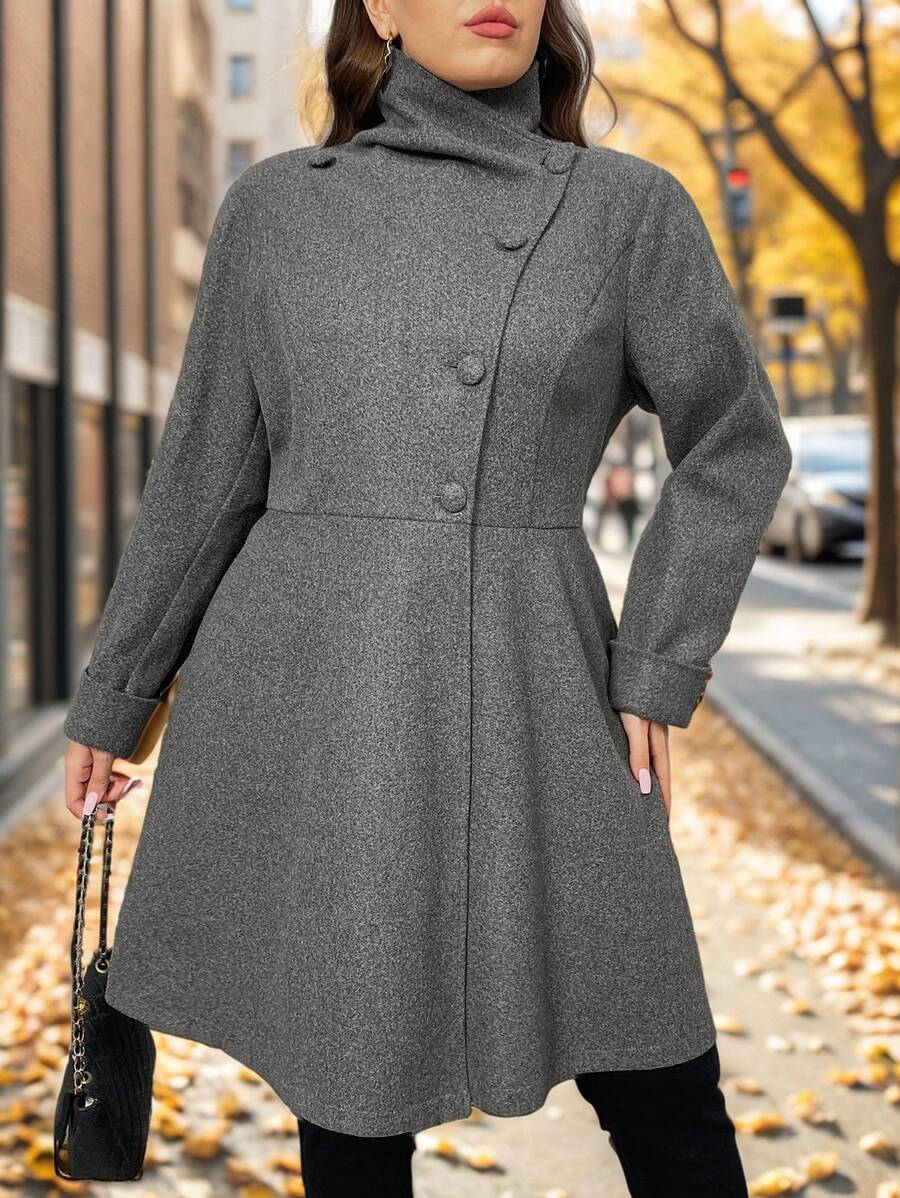 SHEIN Privé Plus Size Women's Fashion Runway Asymmetric A-Line Gray Overcoat, Suitable For Minimalist Outings And Elegant Dates In Winter
