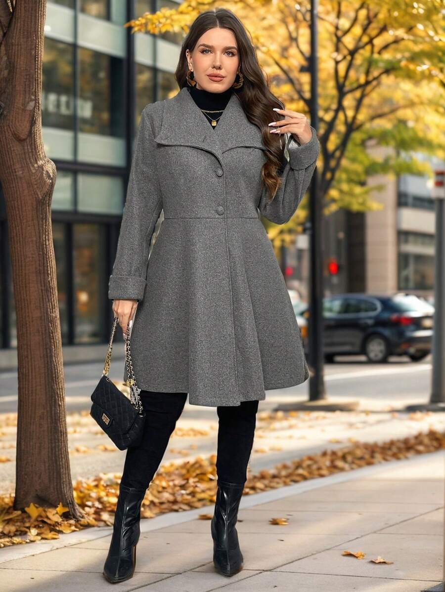 SHEIN Privé Plus Size Women's Fashion Runway Asymmetric A-Line Gray Overcoat, Suitable For Minimalist Outings And Elegant Dates In Winter