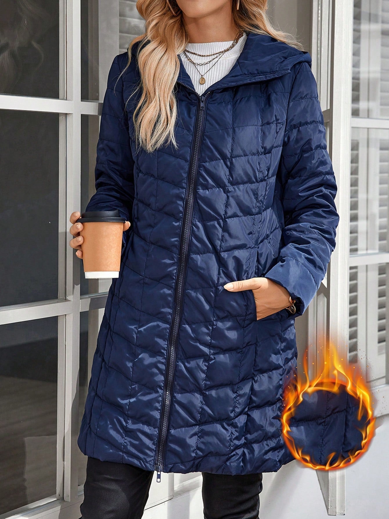 EMERY ROSE Women's Hooded Zip-Up Down& Feathers Jacket, Warm Winter Daily Wear