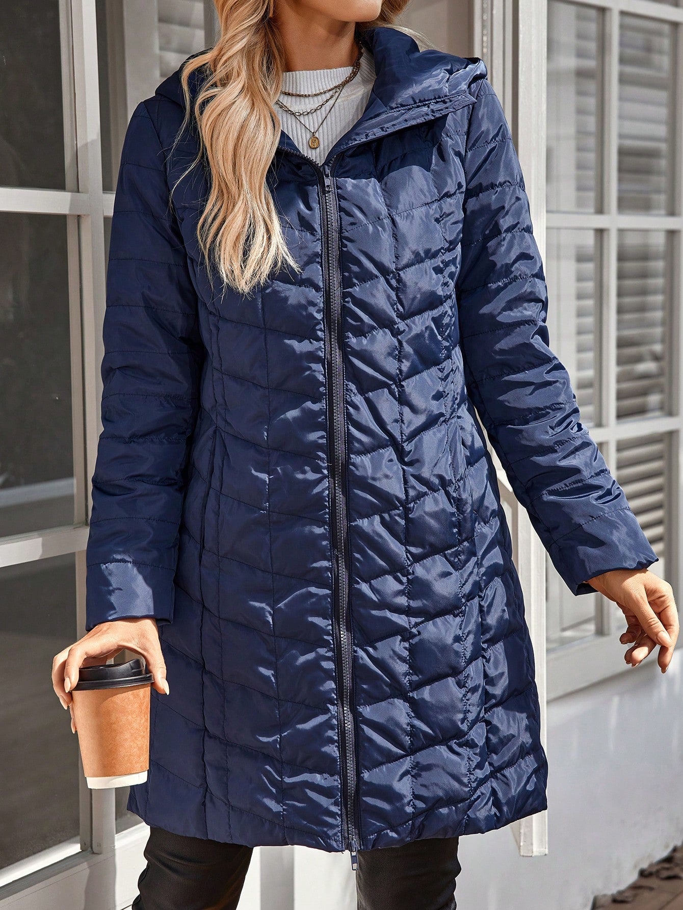 EMERY ROSE Women's Hooded Zip-Up Down& Feathers Jacket, Warm Winter Daily Wear