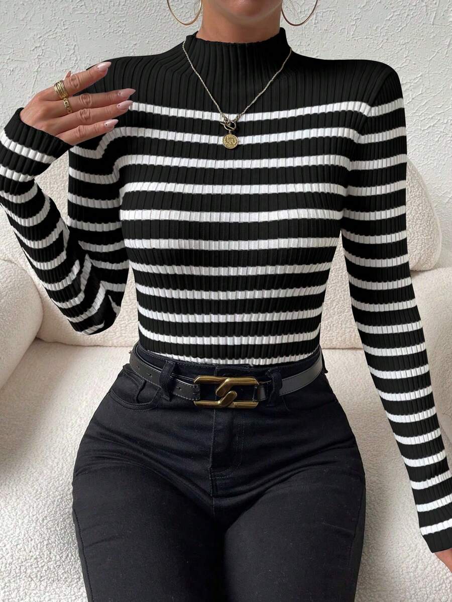 Chiquease Striped Pattern Mock Neck Sweater, Long Sleeve Tops Knit Pullover Fall Winter Outfit