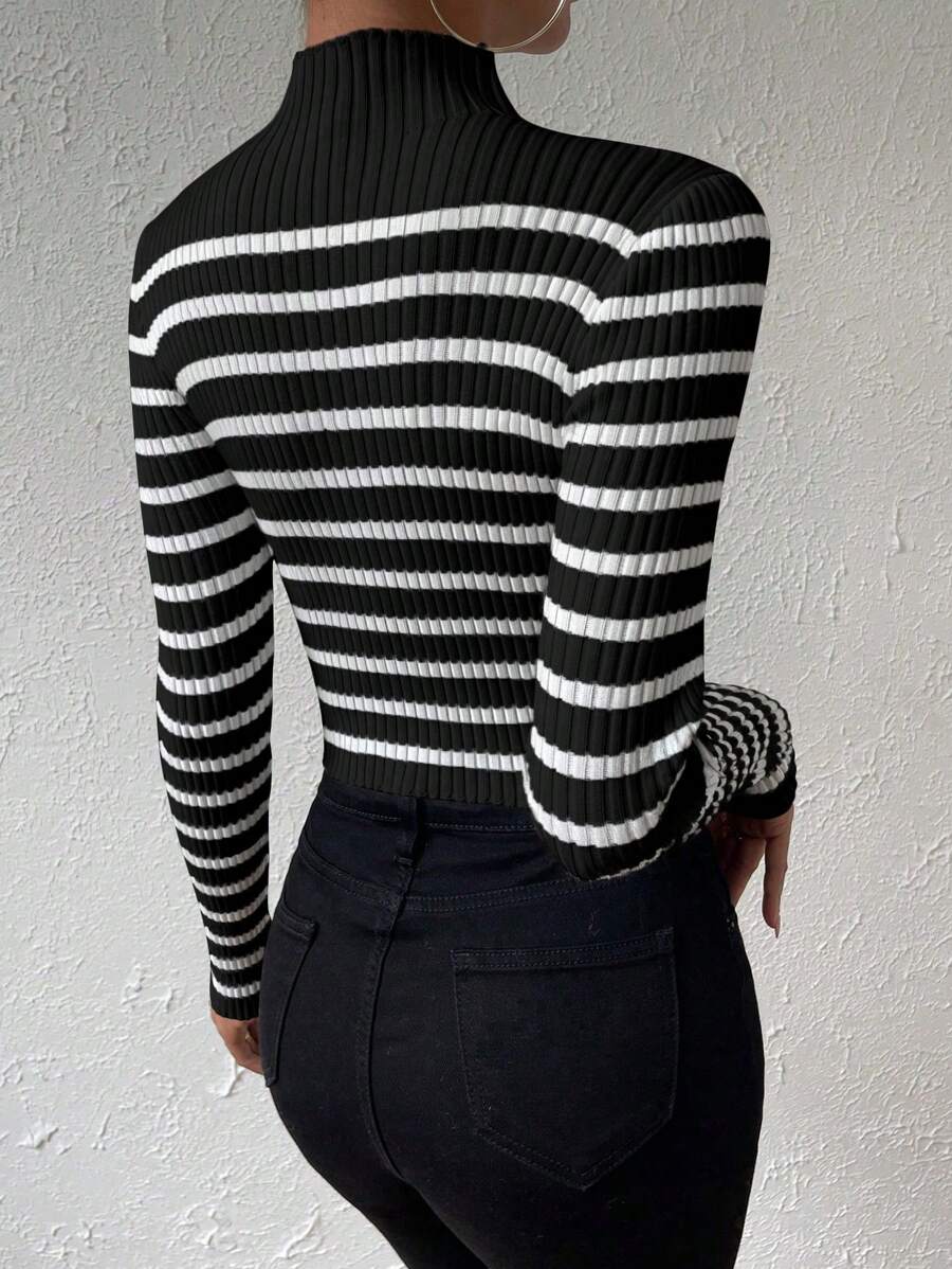 Chiquease Striped Pattern Mock Neck Sweater, Long Sleeve Tops Knit Pullover Fall Winter Outfit
