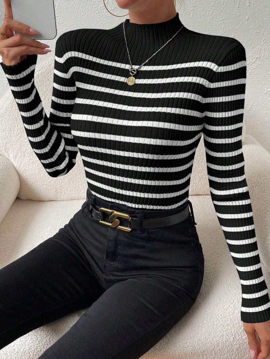 Chiquease Striped Pattern Mock Neck Sweater, Long Sleeve Tops Knit Pullover Fall Winter Outfit