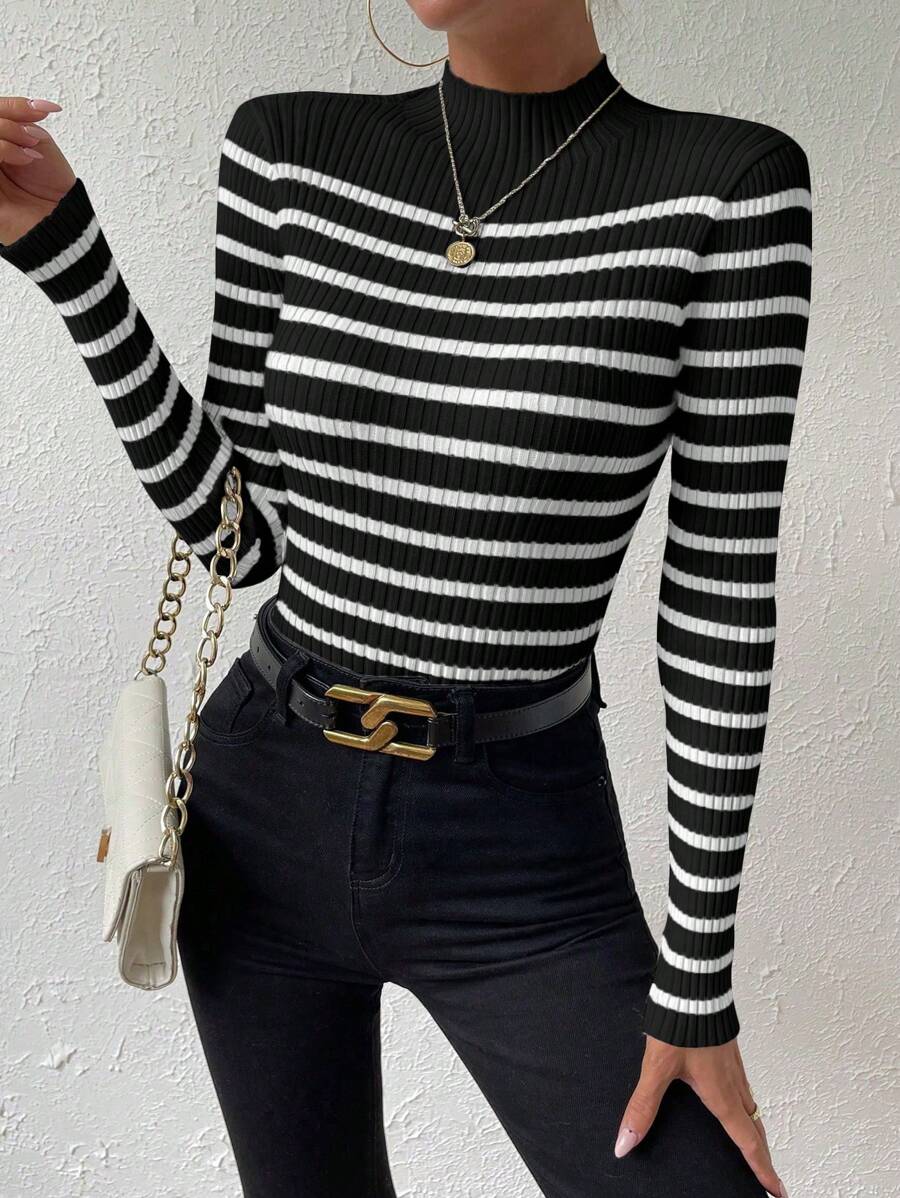 Chiquease Striped Pattern Mock Neck Sweater, Long Sleeve Tops Knit Pullover Fall Winter Outfit