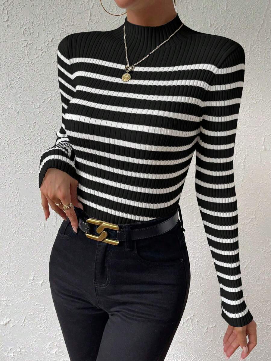 Chiquease Striped Pattern Mock Neck Sweater, Long Sleeve Tops Knit Pullover Fall Winter Outfit