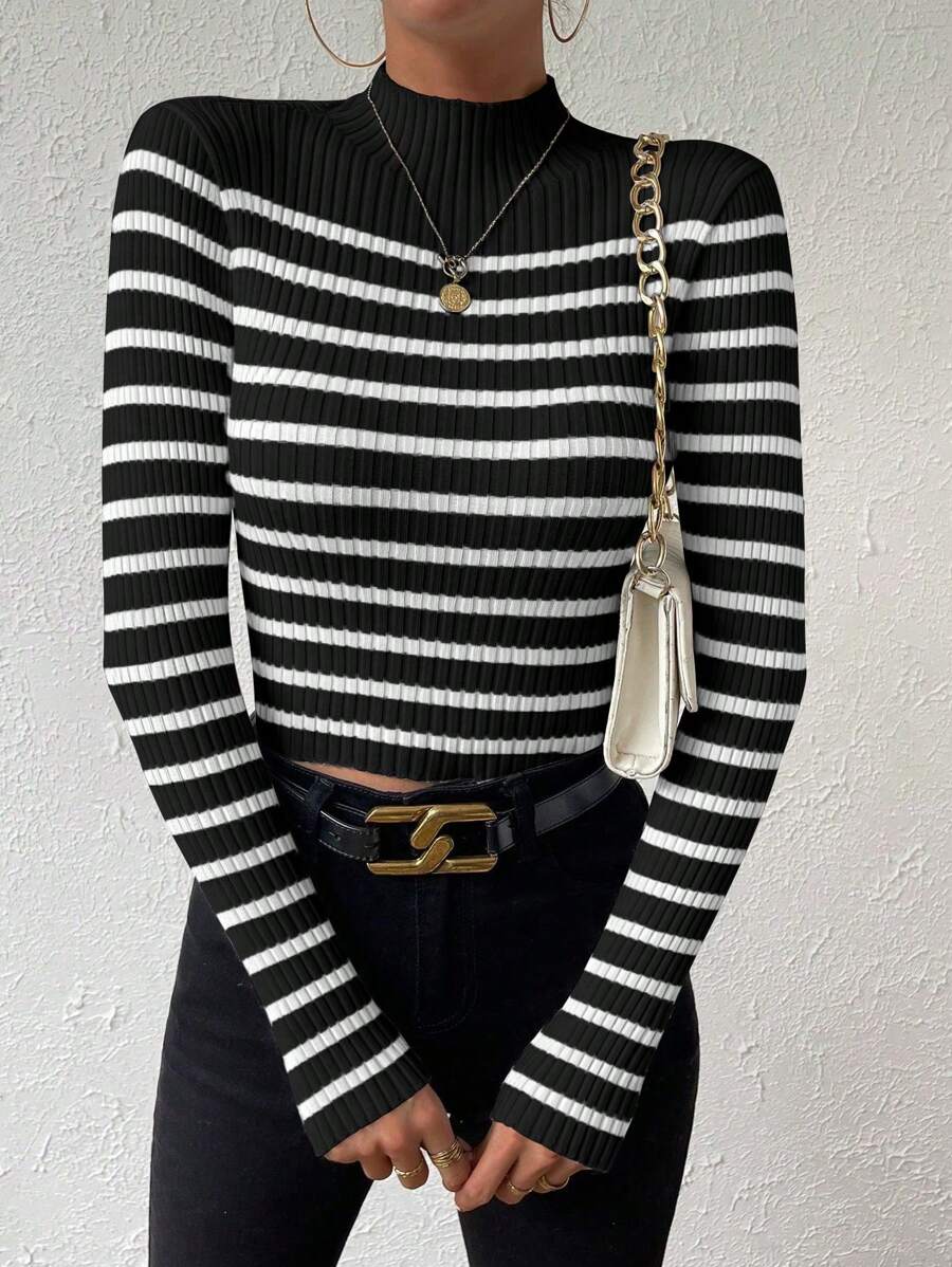 Chiquease Striped Pattern Mock Neck Sweater, Long Sleeve Tops Knit Pullover Fall Winter Outfit