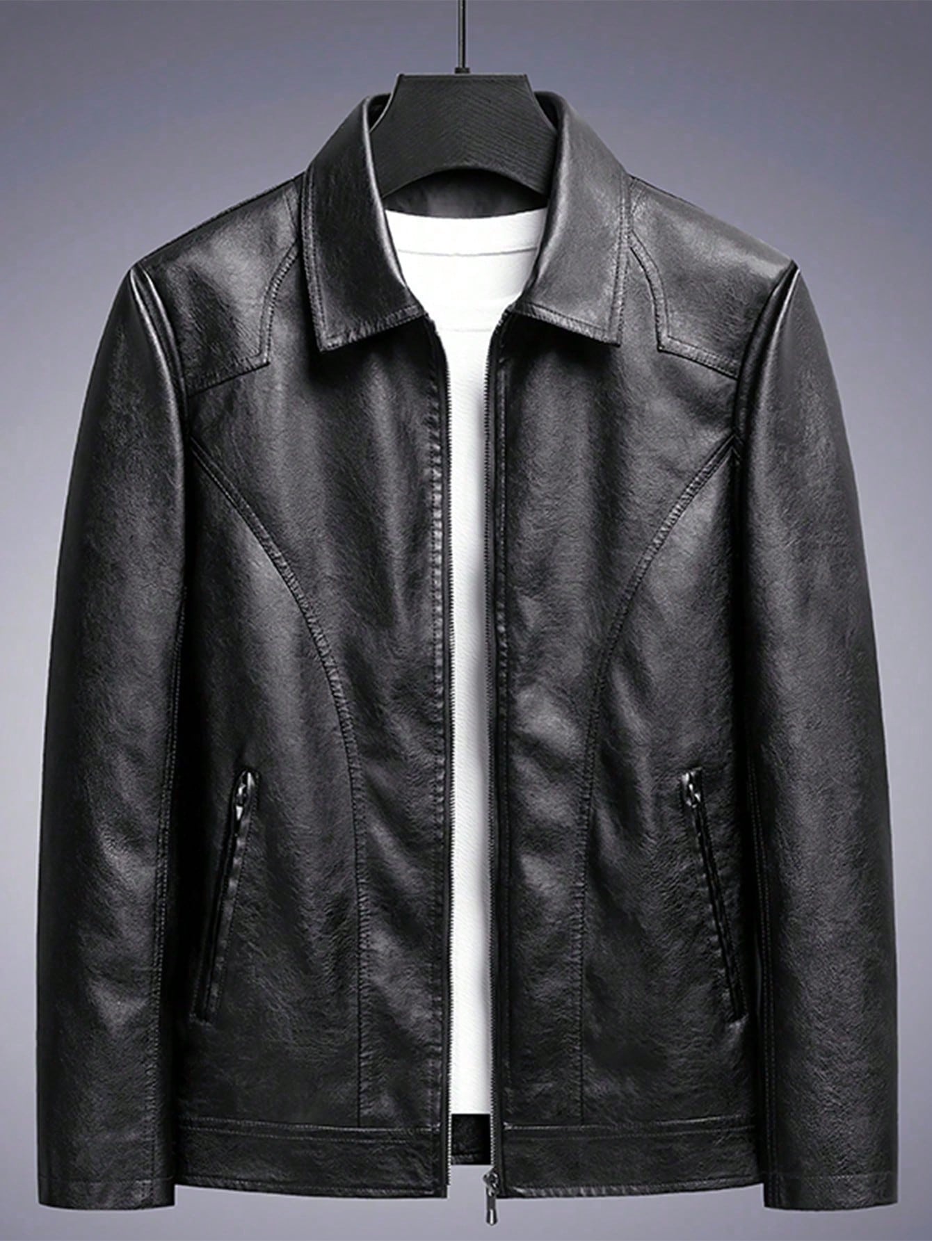 Casual Turn-Down Collar PU Leather Jacket, Slim Fit Business Coat, And Comfortable Top For Men,Fleece