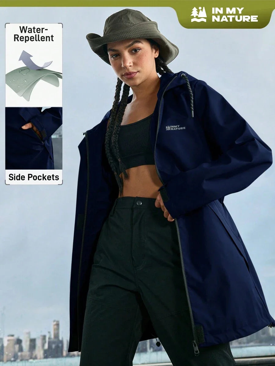 In My Nature Women's Solid Color Front Zip Up Long Sleeve Letter Print Casual Outdoor Raincoat