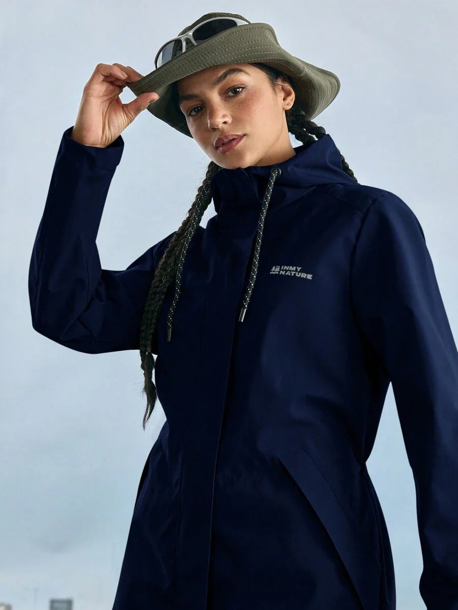 In My Nature Women's Solid Color Front Zip Up Long Sleeve Letter Print Casual Outdoor Raincoat