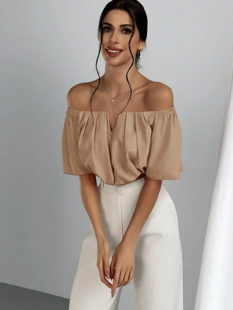 Aloruh Solid Color V-Neck Off Shoulder Casual Top