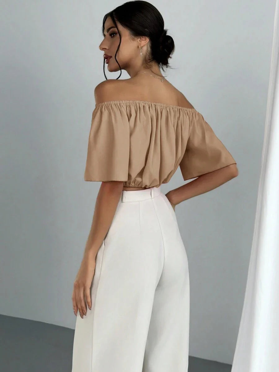 Aloruh Solid Color V-Neck Off Shoulder Casual Top