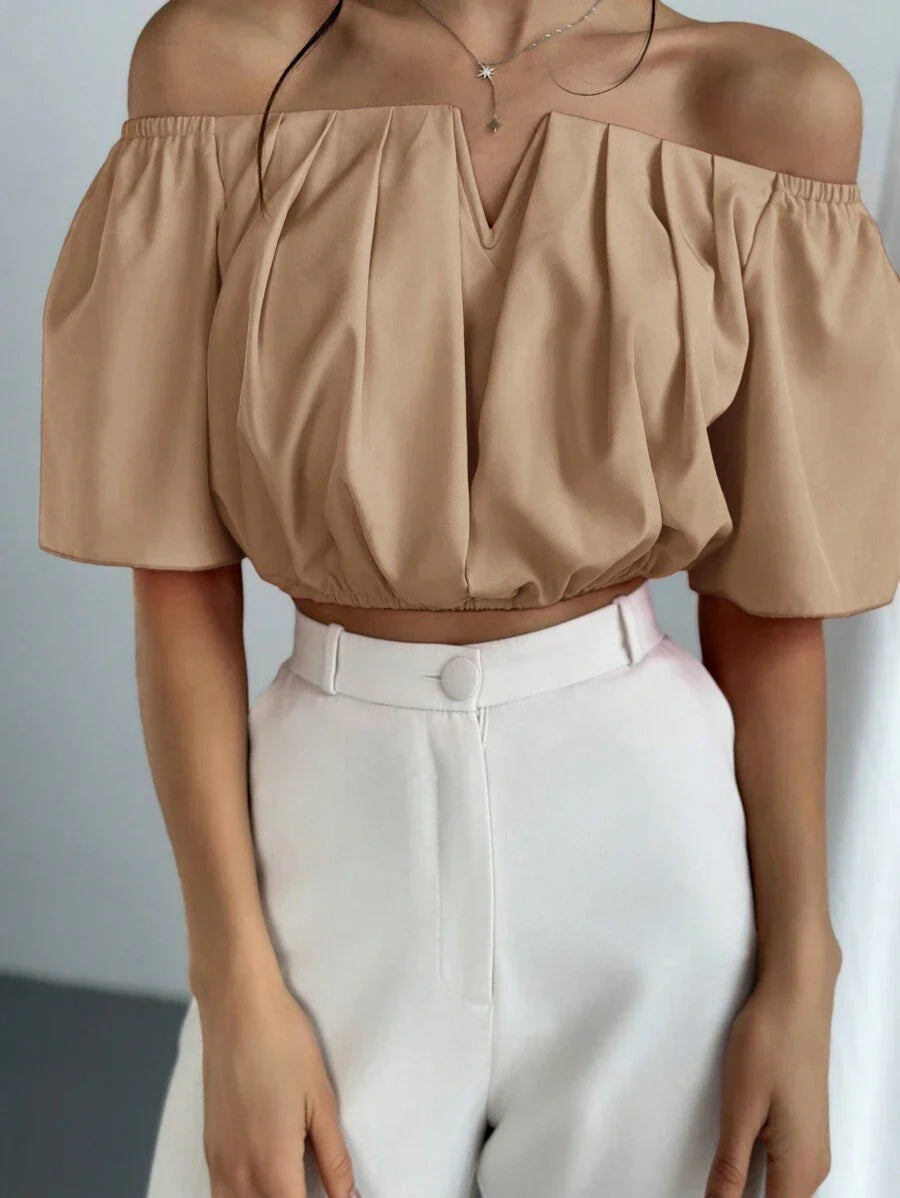Aloruh Solid Color V-Neck Off Shoulder Casual Top