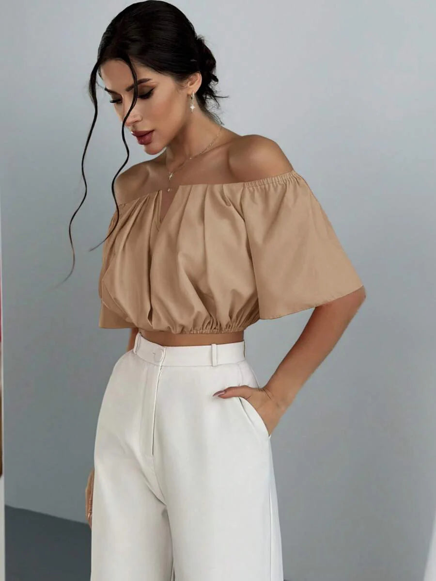Aloruh Solid Color V-Neck Off Shoulder Casual Top