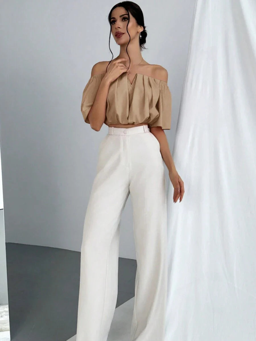 Aloruh Solid Color V-Neck Off Shoulder Casual Top