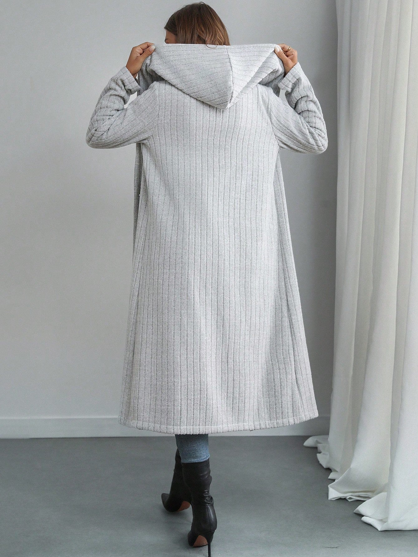 SHEIN Privé 1pc Women Fluffy Hooded Jacket, Double Button Hooded Fleece Coat