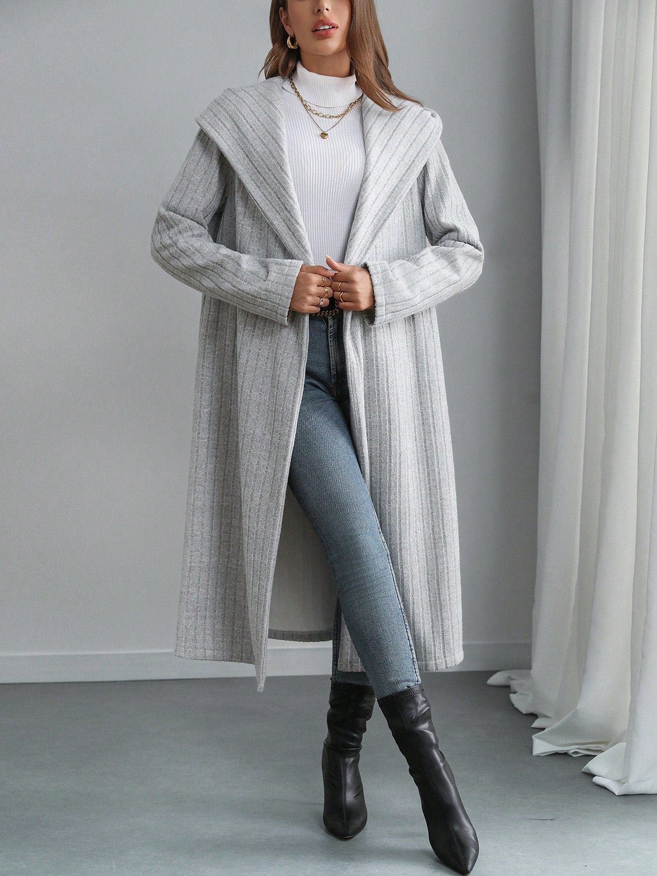 SHEIN Privé 1pc Women Fluffy Hooded Jacket, Double Button Hooded Fleece Coat