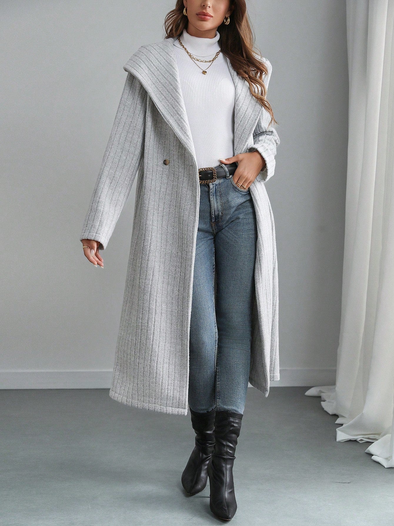 SHEIN Privé 1pc Women Fluffy Hooded Jacket, Double Button Hooded Fleece Coat