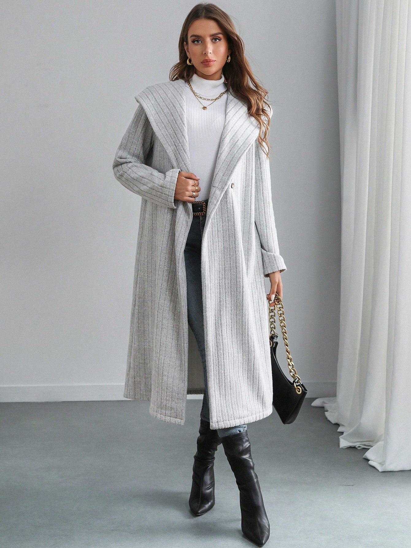 SHEIN Privé 1pc Women Fluffy Hooded Jacket, Double Button Hooded Fleece Coat