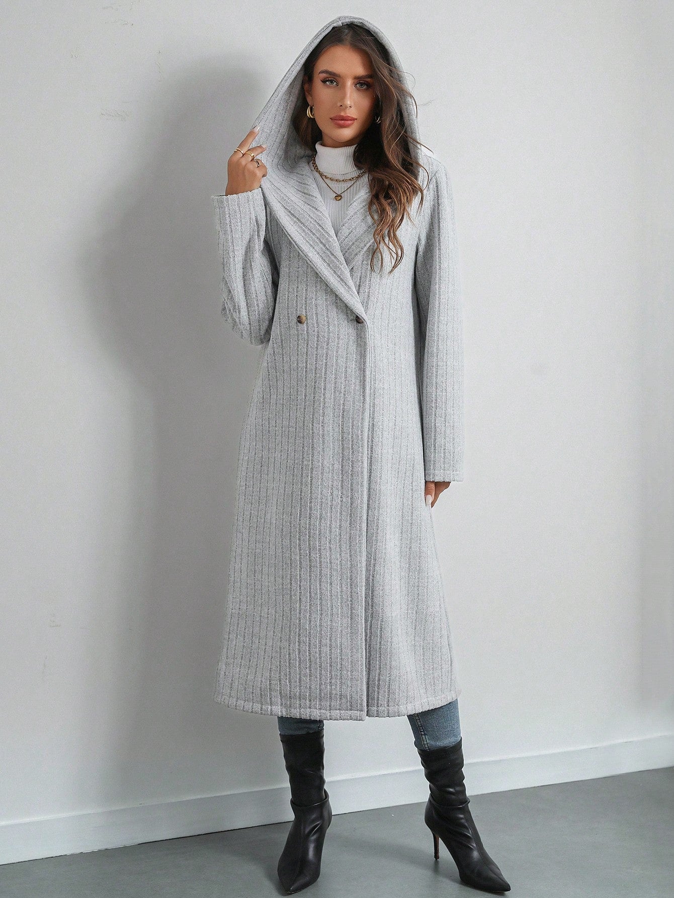 SHEIN Privé 1pc Women Fluffy Hooded Jacket, Double Button Hooded Fleece Coat