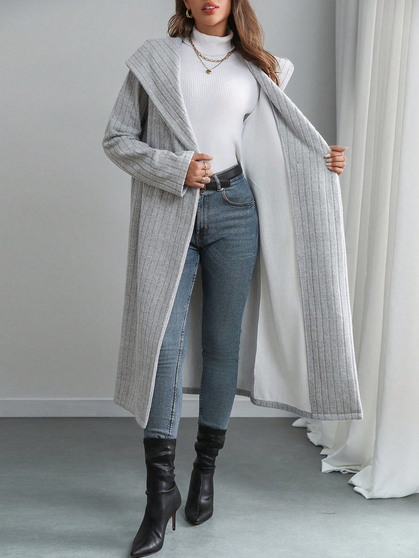 SHEIN Privé 1pc Women Fluffy Hooded Jacket, Double Button Hooded Fleece Coat