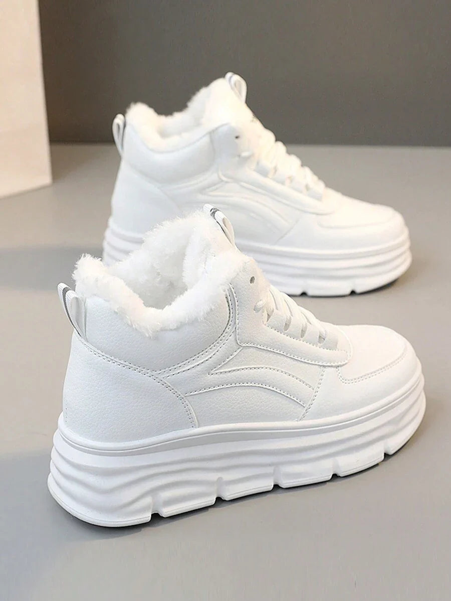 Women's Winter High-Top Sports Shoes - Thick Thermal Lined, Anti-Slip Thick Soles, Fashionable Geometric Pattern Design, Lace-Up Closure, Sneakers For Women