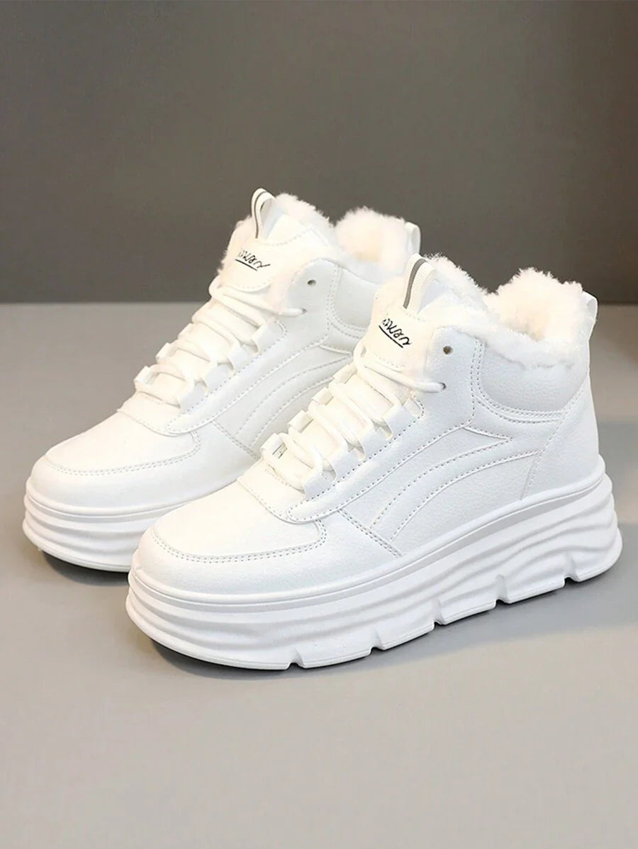 Women's Winter High-Top Sports Shoes - Thick Thermal Lined, Anti-Slip Thick Soles, Fashionable Geometric Pattern Design, Lace-Up Closure, Sneakers For Women