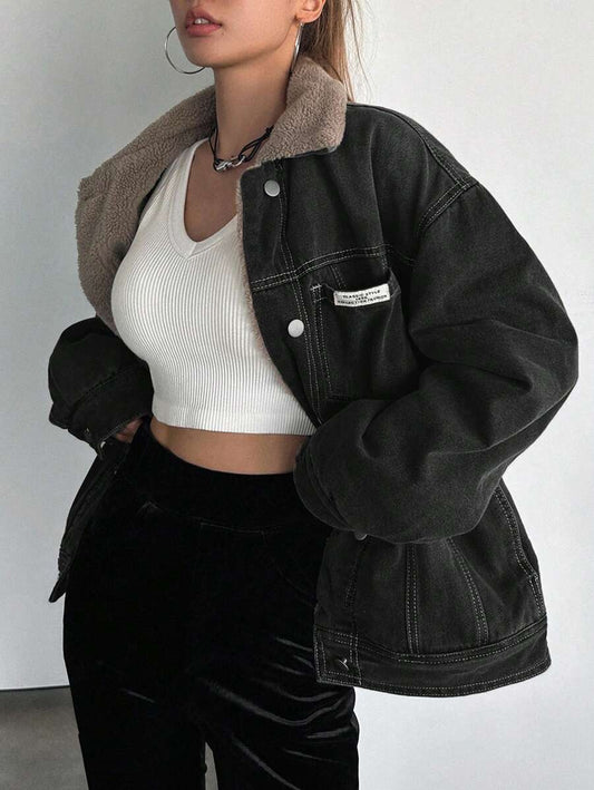 DAZY Letter Patched Detail Drop Shoulder Teddy Lined Denim Jacket