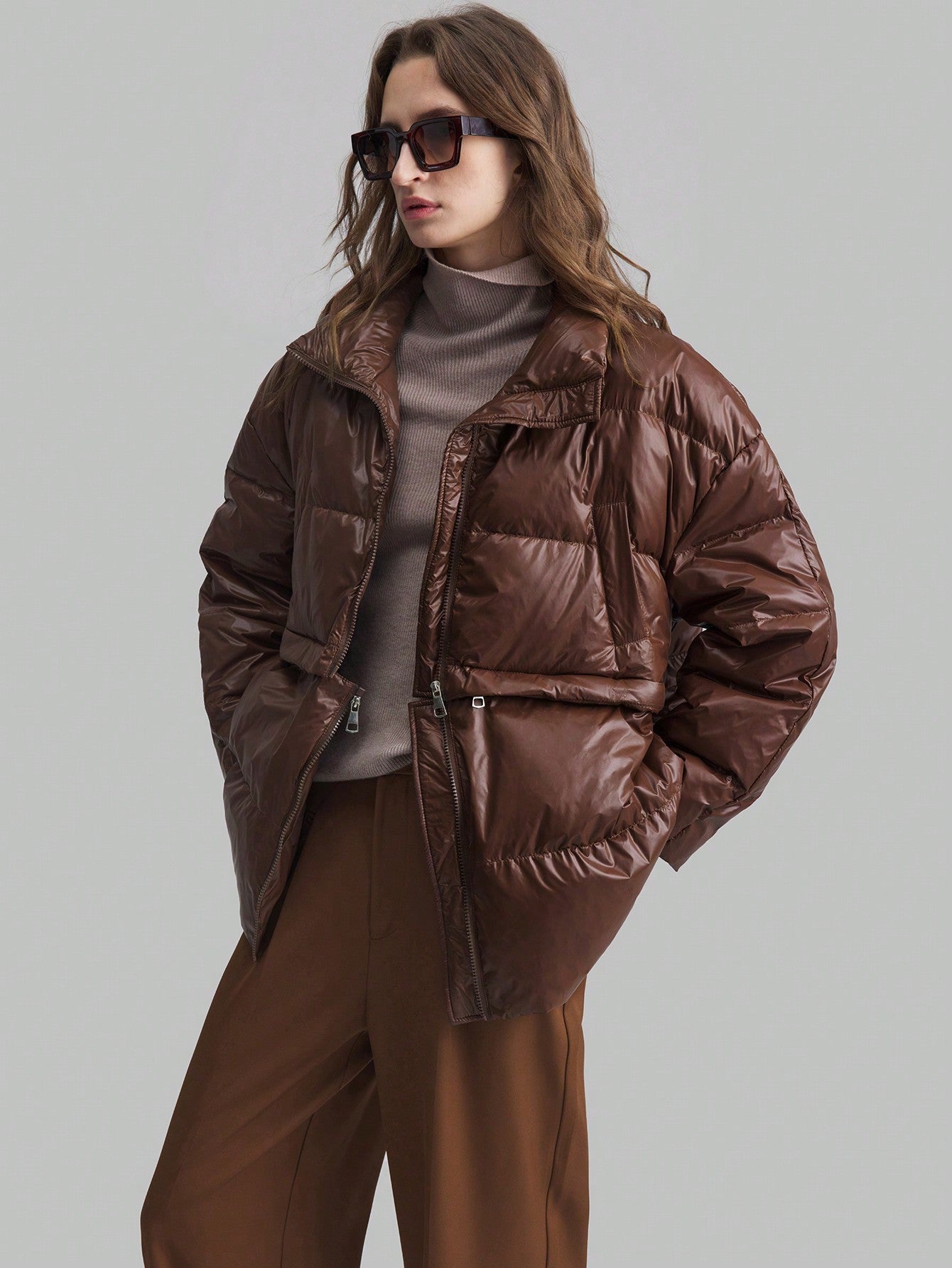 Ontre Removable Hem Down& Feathers Jacket, Women's Business Casual Long Sleeve Stand Collar Down& Feathers Coat, Brown, Detachable Down& Feathers Jacket For Winter, Casual School