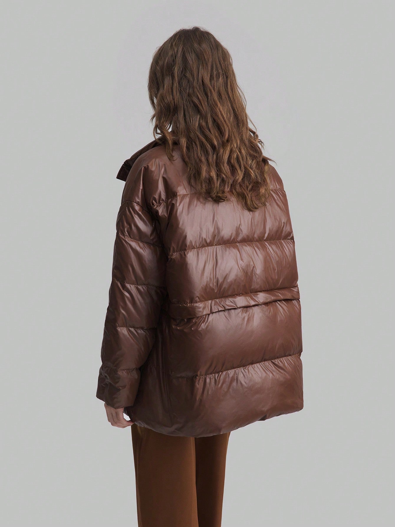 Ontre Removable Hem Down& Feathers Jacket, Women's Business Casual Long Sleeve Stand Collar Down& Feathers Coat, Brown, Detachable Down& Feathers Jacket For Winter, Casual School