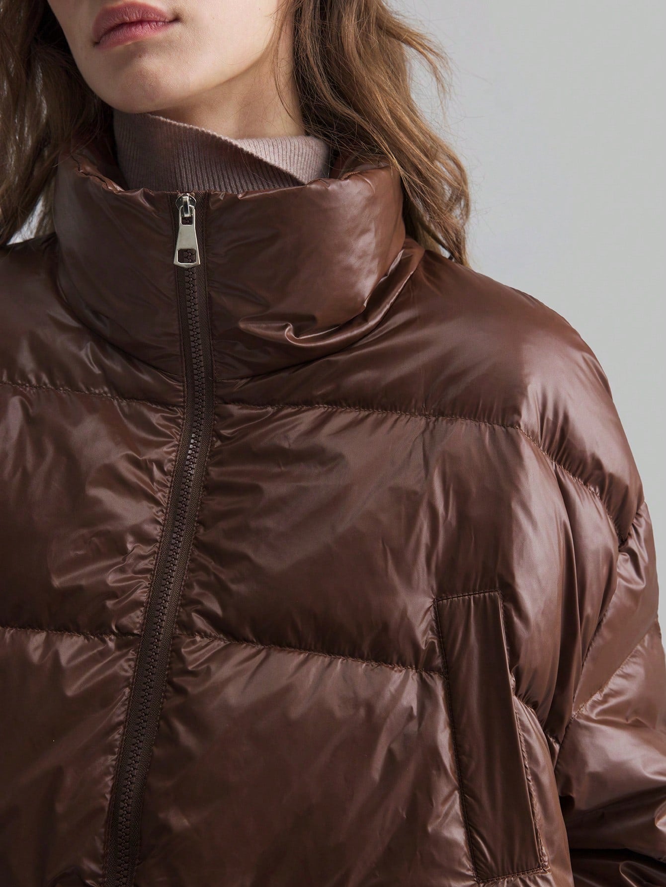 Ontre Removable Hem Down& Feathers Jacket, Women's Business Casual Long Sleeve Stand Collar Down& Feathers Coat, Brown, Detachable Down& Feathers Jacket For Winter, Casual School