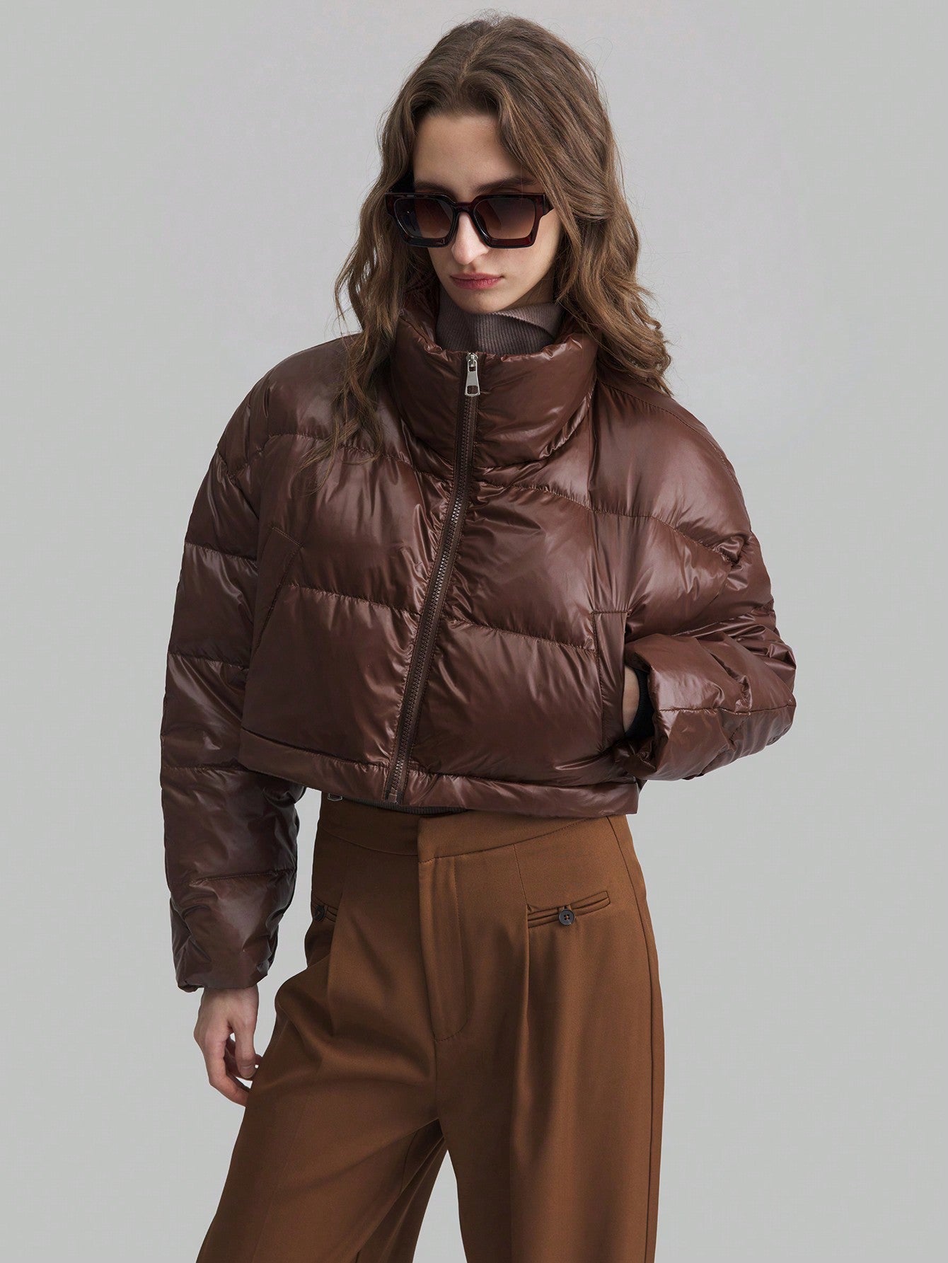 Ontre Removable Hem Down& Feathers Jacket, Women's Business Casual Long Sleeve Stand Collar Down& Feathers Coat, Brown, Detachable Down& Feathers Jacket For Winter, Casual School